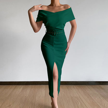 Damen figurbetontes Midi-Kleid mit Off-Shoulder-Ausschnitt und seitlichem Schlitz Stalluxe