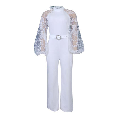 Damen Eleganter Jumpsuit mit transparenter Spitze und Gürtel Stalluxe