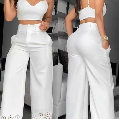 Damen Zweiteiliges Set aus Crop-Top und weiter Hose mit Spitzenbordüre Stalluxe