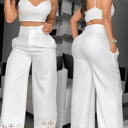 Damen Zweiteiliges Set aus Crop-Top und weiter Hose mit Spitzenbordüre Stalluxe