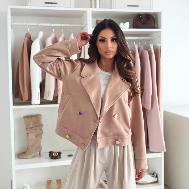 Damen Kurze Bikerjacke mit doppelter Knopfleiste und weichem Material Stalluxe Khaki