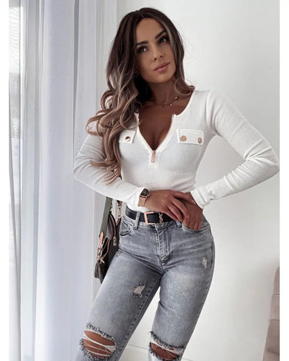 Damen Langarmshirt mit schimmerndem Reißverschluss und dekorativen Knopfdetails Stalluxe