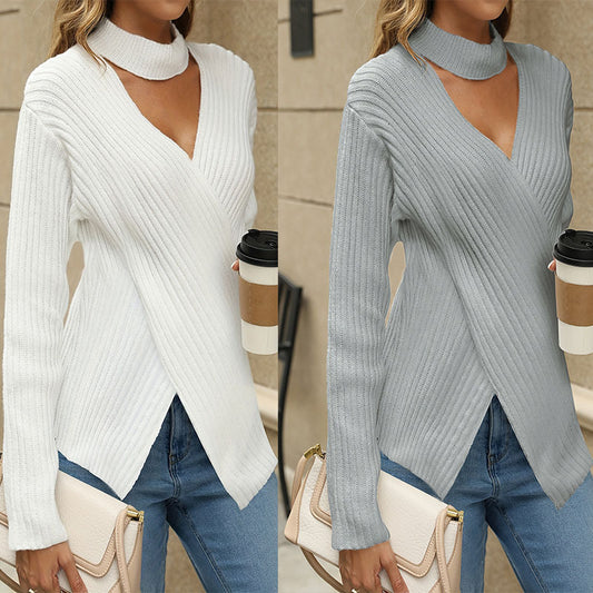 Damen eleganter Strickpullover mit asymmetrischem Design und hoch geschlossenem Kragen Stalluxe