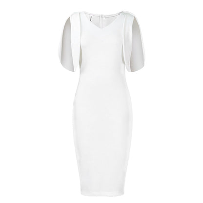 Damen figurbetontes Kleid mit transparenten Puffärmeln und V-Ausschnitt Stalluxe