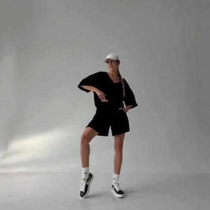 Damen lässiges Oberteil und Shorts Set mit übergroßem Schnitt und schneller Trocknung Stalluxe