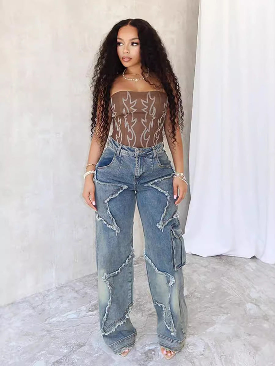Damen Baggy-Jeans mit asymmetrischem Design und auffälligen Ziernähten Stalluxe