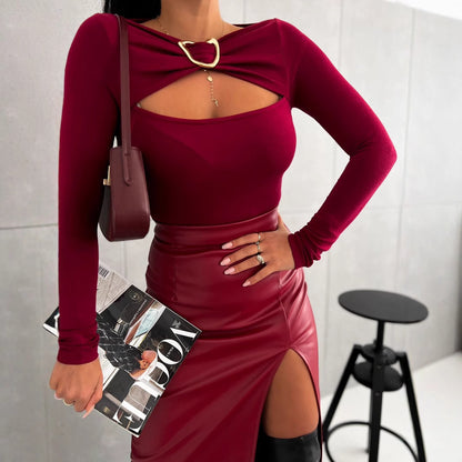 Damen Elegantes Oberteil mit innovativem Cut-Out und langen Ärmeln Stalluxe