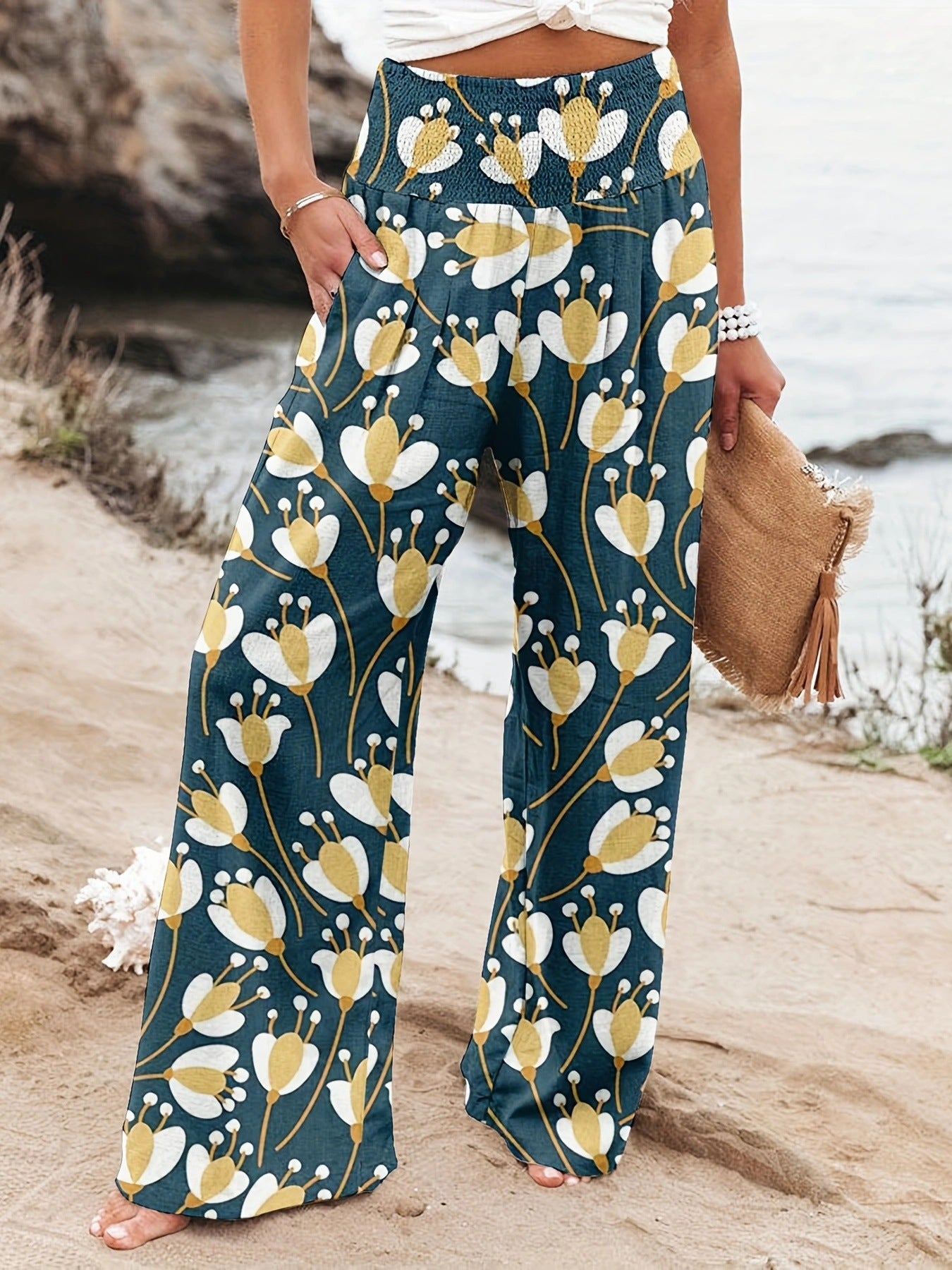 Damen Weit geschnittene Sommerhose mit floralem Print und elastischem Bund Stalluxe