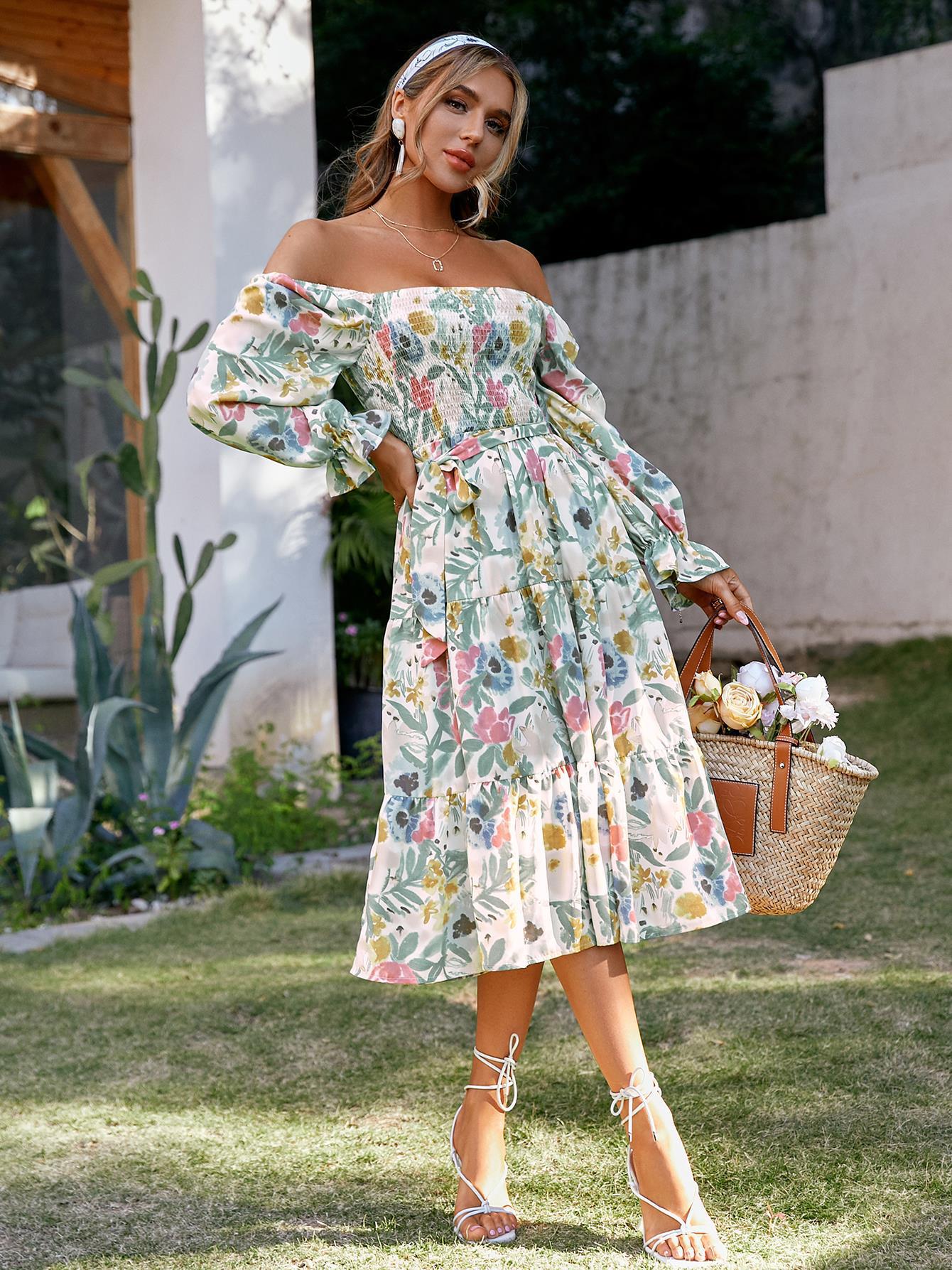 Damen Off-Shoulder Maxikleid mit floralem Print und Rüschendetails Stalluxe