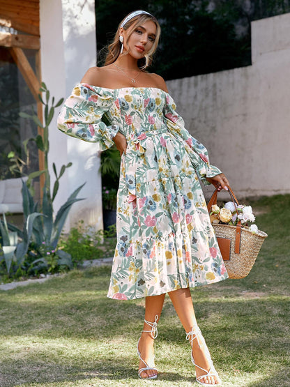 Damen Off-Shoulder Maxikleid mit floralem Print und Rüschendetails Stalluxe