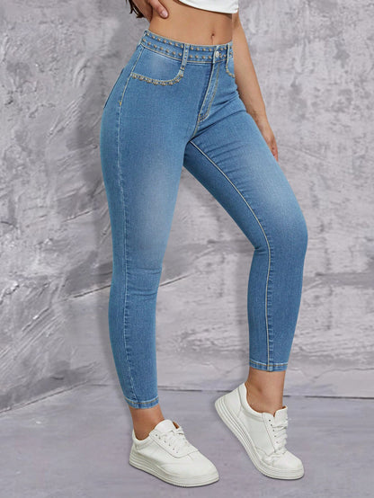 Damen Hochtaillierte Skinny Jeans mit Glitzerapplikationen Stalluxe Mittelblau S