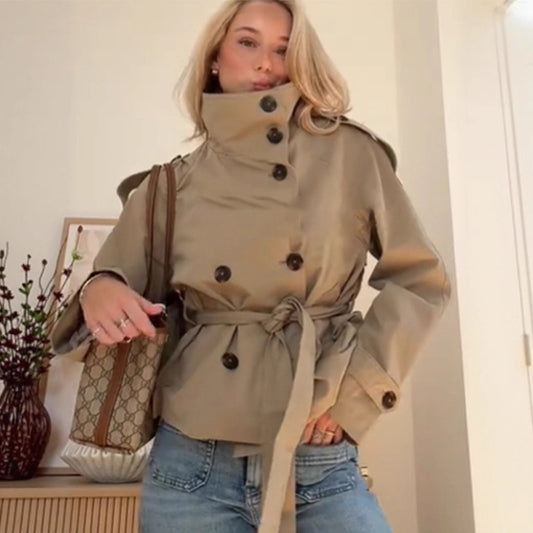 Damen Modische Trenchjacke mit hohen Kragen und Wickelgürtel Stalluxe