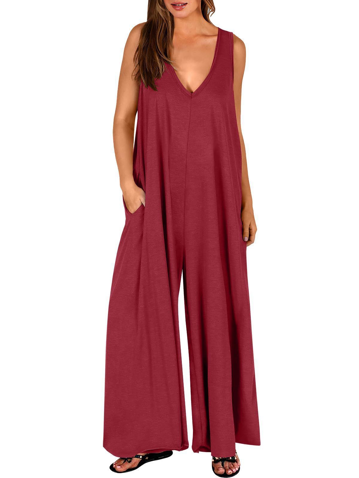 Damen Luftiger Jumpsuit mit tiefem V-Ausschnitt und seitlichen Taschen Stalluxe