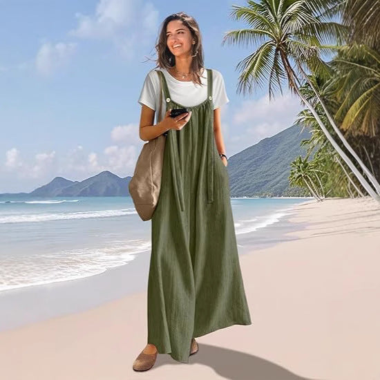 Damen Langer Baumwollkleid mit Trägern und Taschen Stalluxe