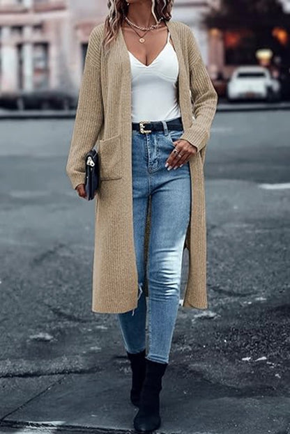 Damen Langer Strickcardigan mit tiefen Taschen und offenem Schnitt Stalluxe