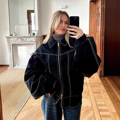 Damen Oversized Jacke im Jeanslook mit strukturierter Oberfläche und verstecktem Reißverschluss Stalluxe
