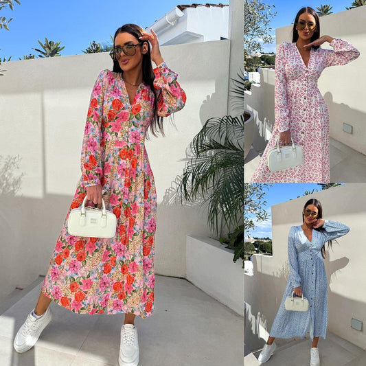 Damen Blümchen Maxikleid mit knöpfbarem Oberteil und eleganten Puffärmeln Stalluxe