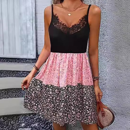 Damen Blumenkleid mit Spitzenoberteil und gefächertem Rock Stalluxe