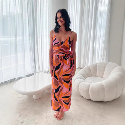 Damen luftiges Maxikleid mit floralem Print und Bindegürtel Stalluxe