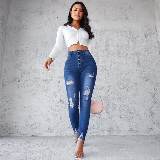 Damen High-Waist Skinny Jeans mit modischen Rissen und Knopfdetails Stalluxe