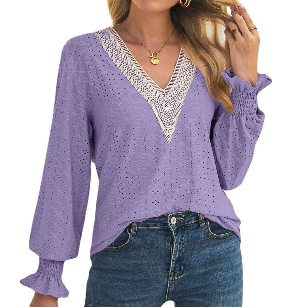 Damen Blusenshirt mit Lochmuster und V-Ausschnitt Stalluxe