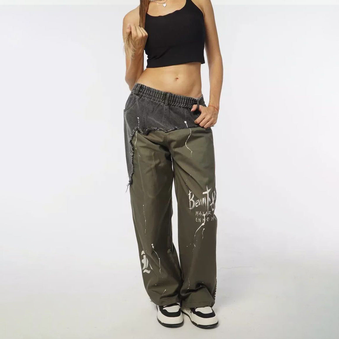 Damen modische Baggy-Jeans mit asymmetrischem Design und einzigartigen Details Stalluxe