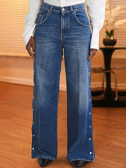 Damen Weite Denimhose mit Knopfleiste und hohem Bund Stalluxe