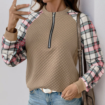 Damen modischer Sweatshirt mit Reißverschluss und Karomuster Stalluxe