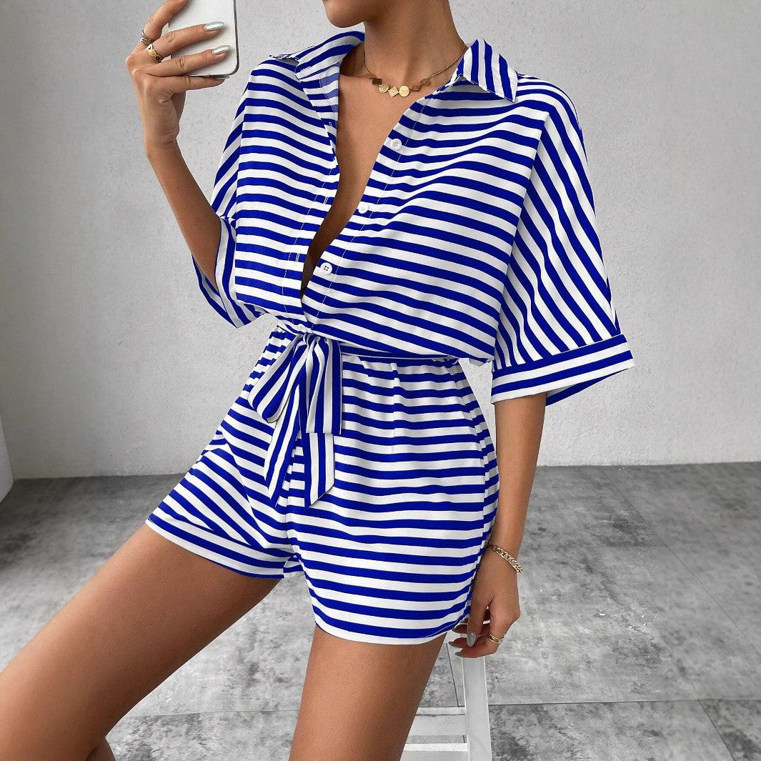 Damen Rompershirt mit modernen Streifen und taillierendem Gürtel Stalluxe Blau