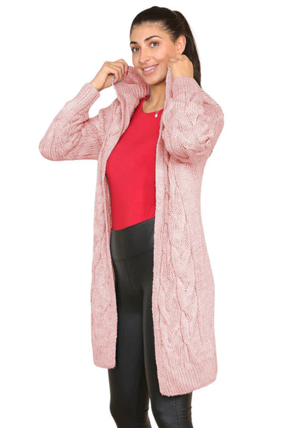 Damen Langer Strickmantel mit elegantem Zopfmuster und Kapuze Stalluxe
