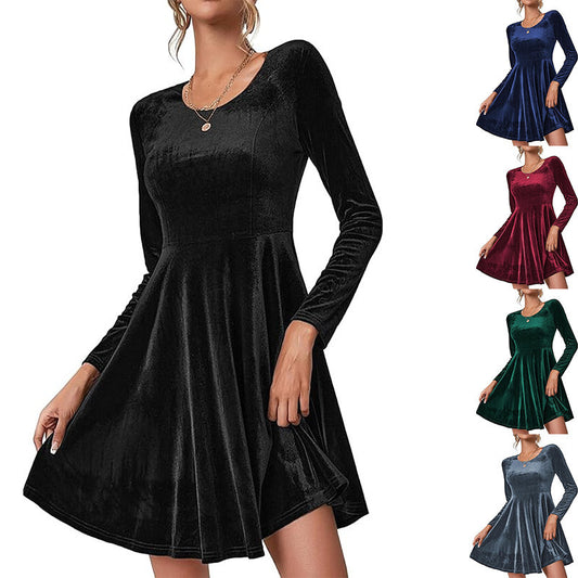 Damen Elegantes Samtkleid mit geschwungenem Saum und langen Ärmeln Stalluxe