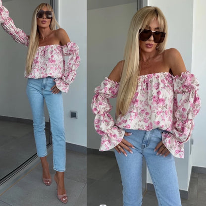 Damen verspielt blumige Off-Shoulder Bluse mit voluminösen Ärmeln Stalluxe