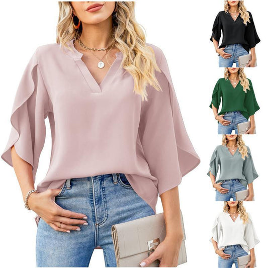 Damen Blusenshirt mit weiten Ärmeln und V-Ausschnitt Stalluxe