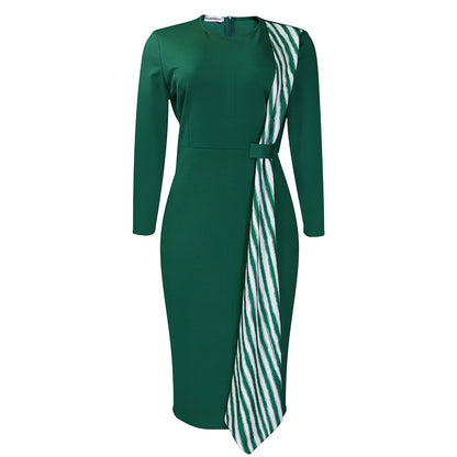Damen elegantes Kleid mit asymmetrischem Bindegürtel und langen Ärmeln Stalluxe