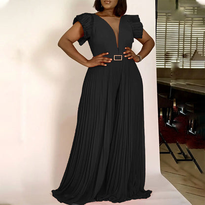 Damen Maxikleid mit voluminösen Puffärmeln und tiefem V-Ausschnitt Stalluxe