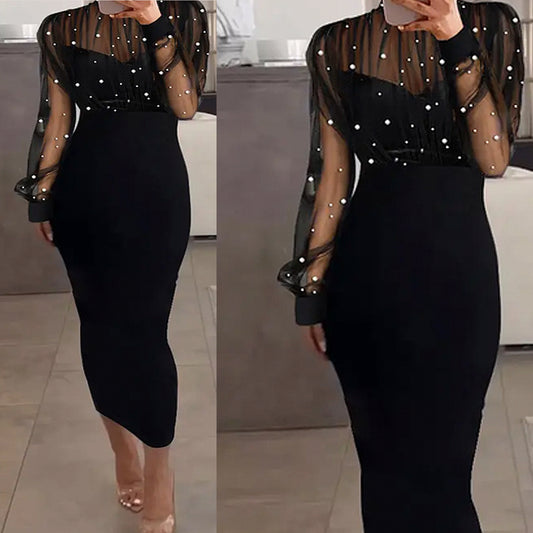 Damen Elegantes Abendkleid mit transparenten Ärmeln und Perlendetails Stalluxe