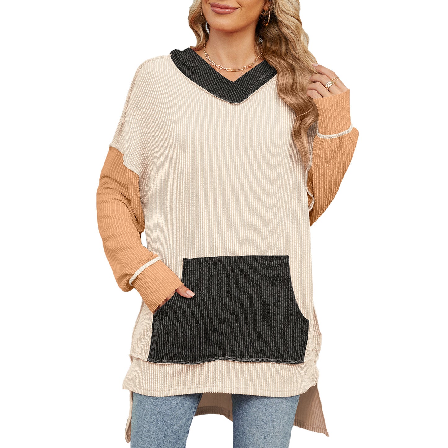 Damen lässiger Longpullover mit Kapuze und seitlicher Tasche Stalluxe