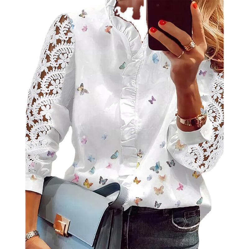 Damen Bluse mit floralen Applikationen, Rüschendetails und Spitzenärmeln Stalluxe