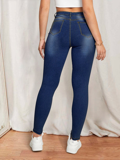 Damen Hochtaillierte Skinny-Jeans mit stilvollen Blumenapplikationen Stalluxe Dunkelblau S
