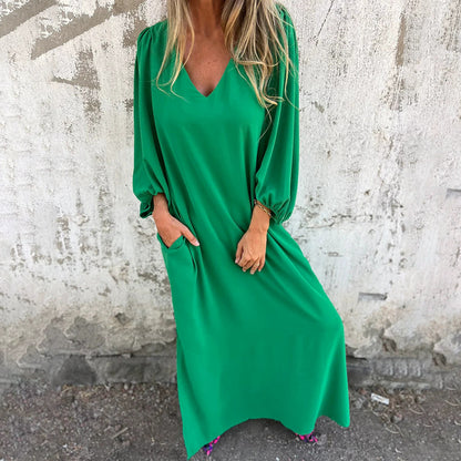 Damen Elegantes V- Ausschnitt Midikleid mit voluminösen Ärmeln Stalluxe