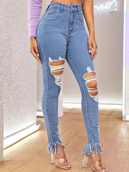 Damen Ripped High-Waist Jeans mit modischen Fransen und Destroyed-Effekten Stalluxe