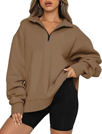 Damen Sportlicher Sweater mit Halbreißverschluss und oversized Passform Stalluxe Camel