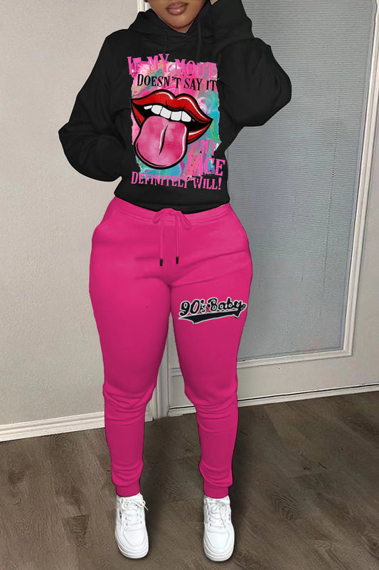 Damen Hoodie und Jogginghose Set mit auffälligem Lippenmotiv und modernem Statementdruck Stalluxe