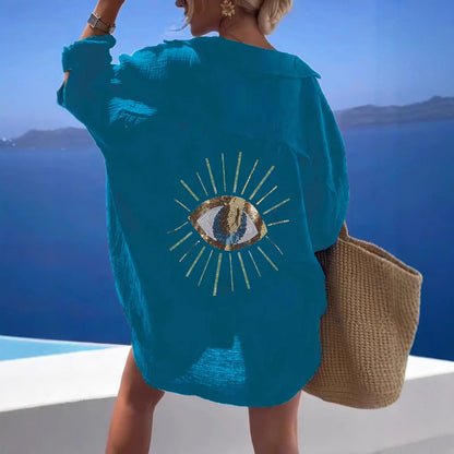 Damen Oversized Hemdbluse mit funkelndem Eye-Design Stalluxe