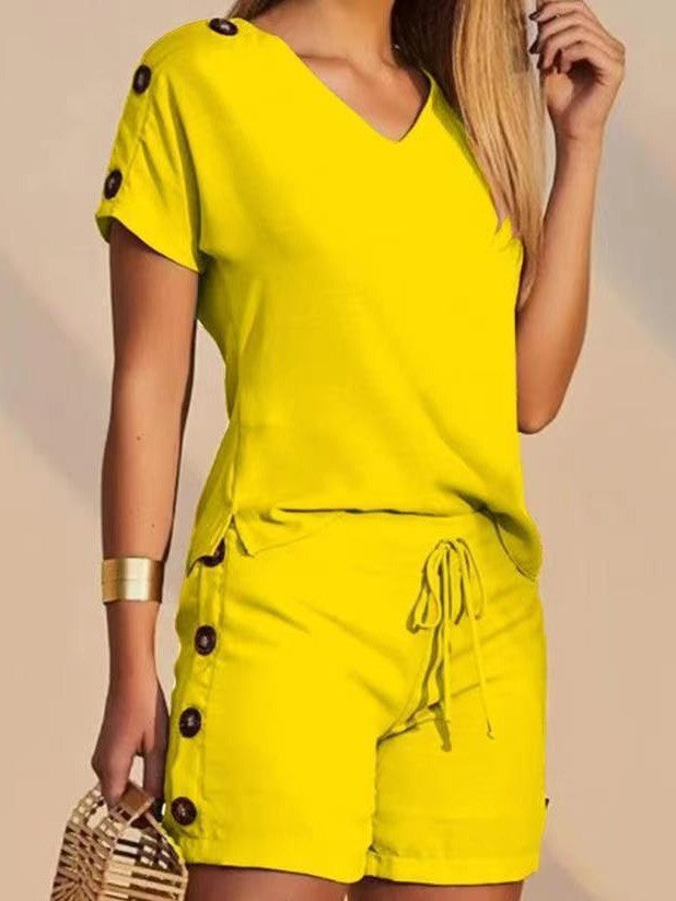 Damen zwei-teiliger Sommeranzug mit Knopfdetails und elastischem Bund Stalluxe