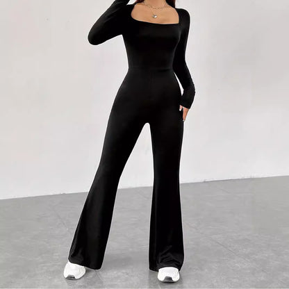 Damen Eleganter und figurbetonter Jumpsuit mit weitem Bein und langen Ärmeln Stalluxe