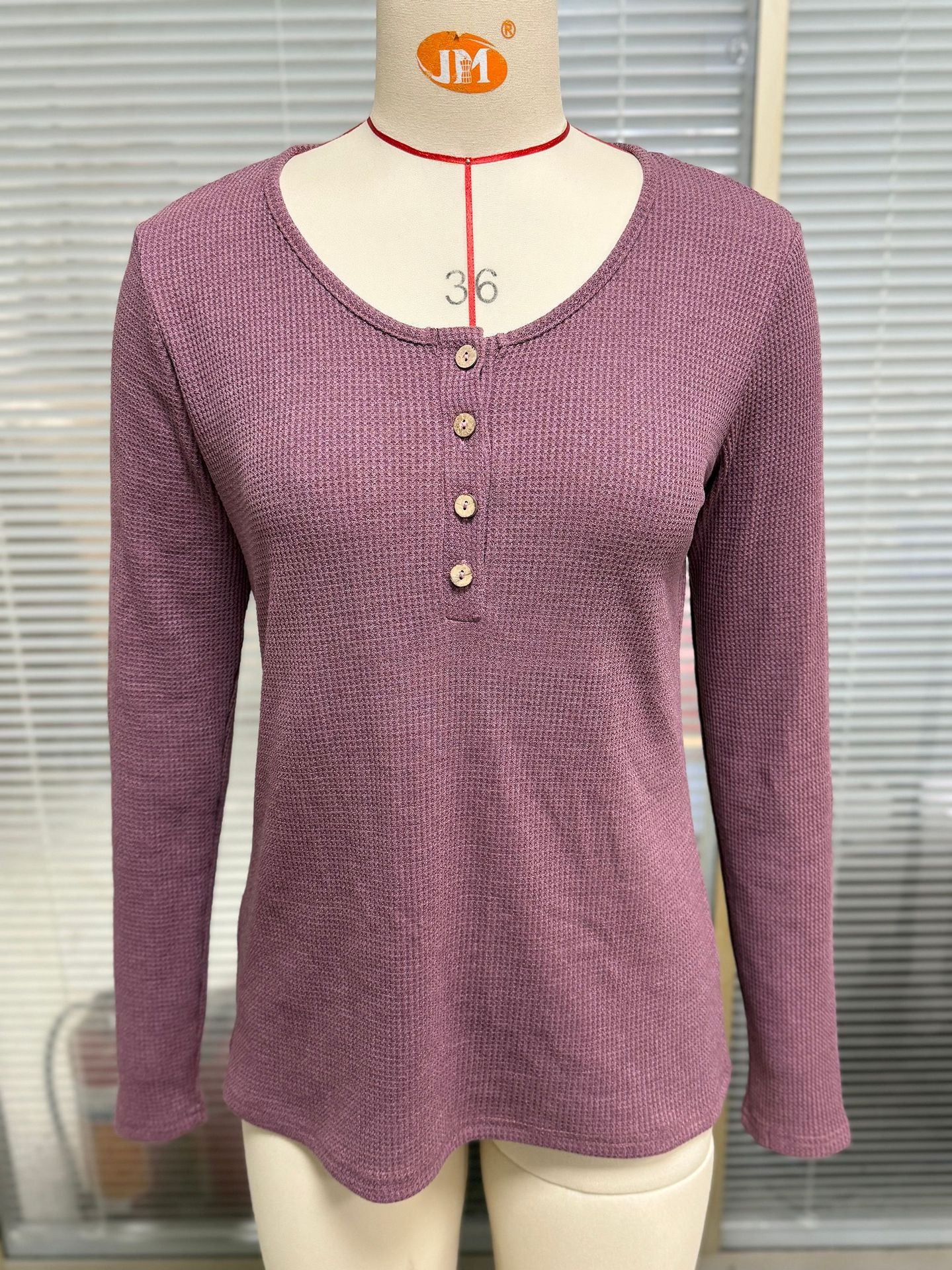 Damen Waffelstrick Langarmshirt mit Knopfleiste Stalluxe