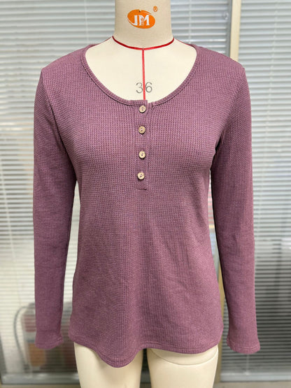 Damen Waffelstrick Langarmshirt mit Knopfleiste Stalluxe