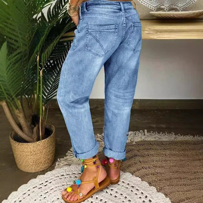 Damen Boyfriend Jeans mit Knopfverschluss und Distressed-Details Stalluxe