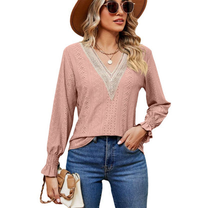 Damen Bluse mit luftigen Lochstickereien und V-Ausschnitt Stalluxe